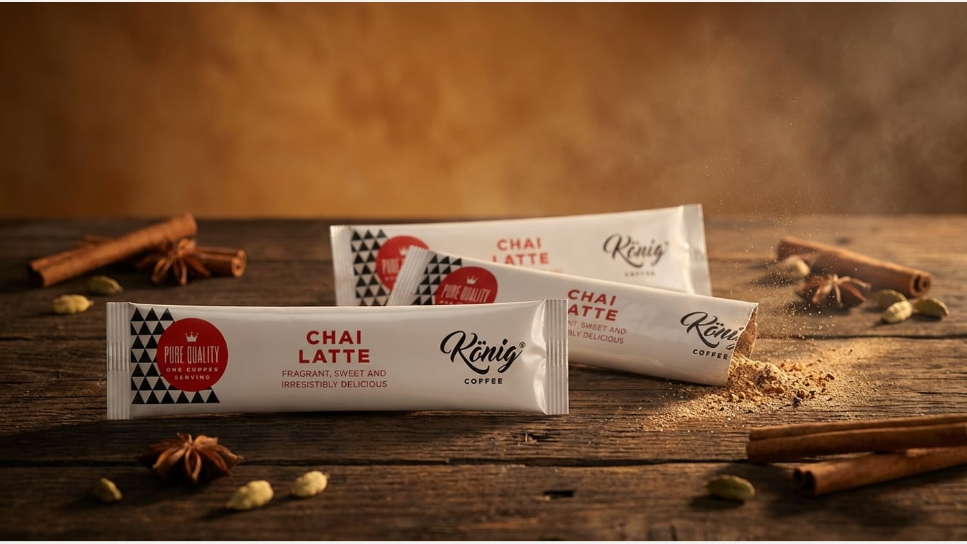 König Chai Latte sachets with warm spices on a workplace beverage counter