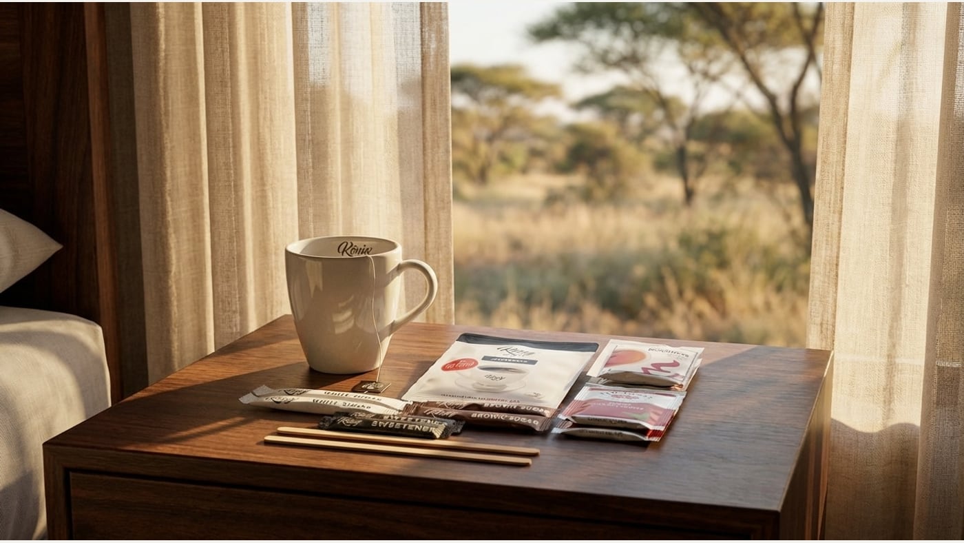 König hospitality coffee pack prepared for a guesthouse room beverage station