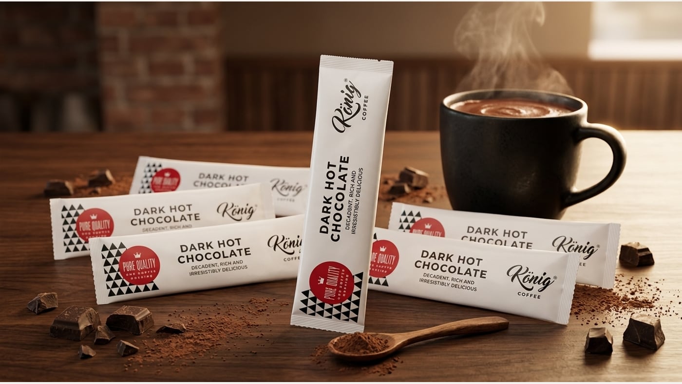 König Dark Hot Chocolate sachets and prepared cup for an office beverage station