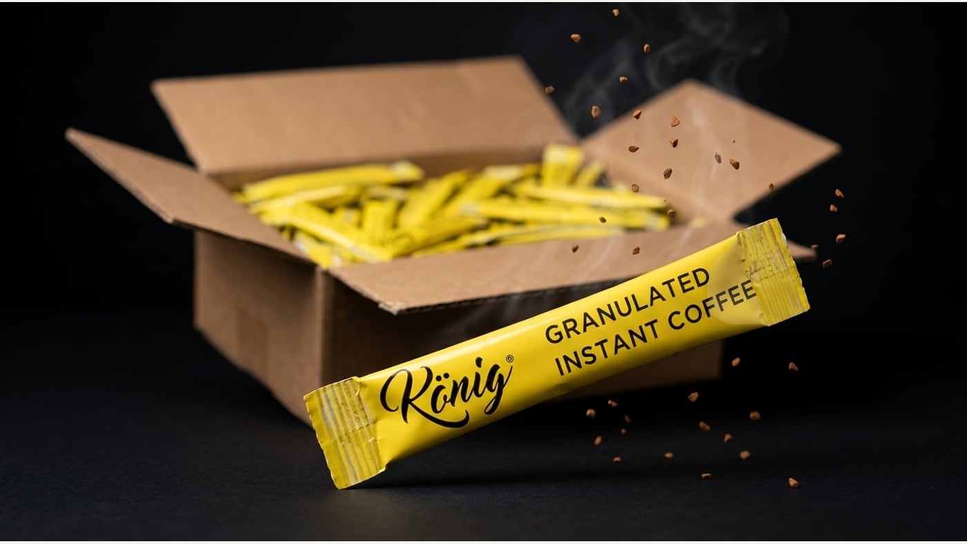 Box of individually sealed König granulated instant coffee sachets
